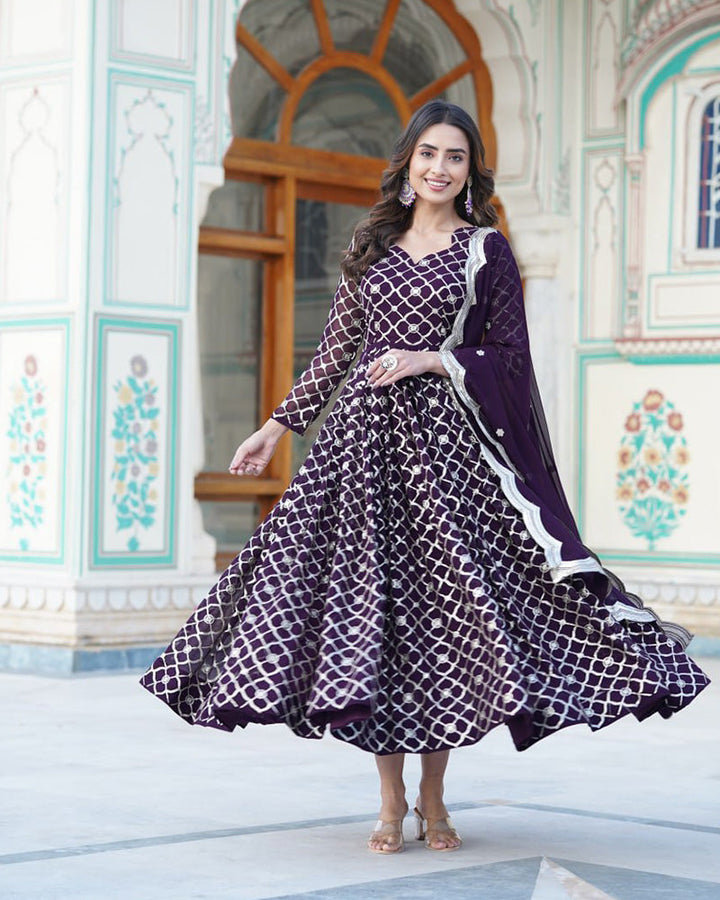 Designer Embroidery Work Wine Color Anarkali Gown With Dupatta  - By Qivii