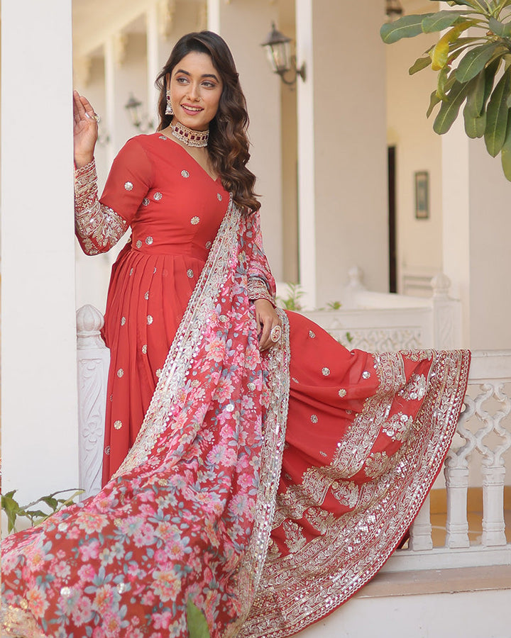 Red Color Faux Georgette Designer Gown With Dupatta  - By Qivii