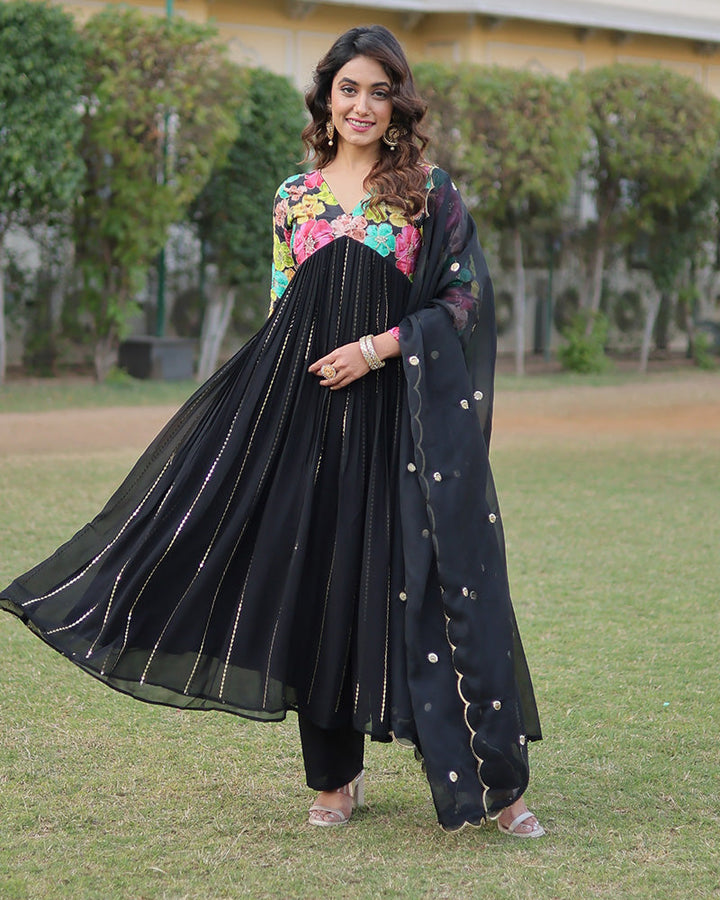 Designer Black Color Alia Cut Anarkali With Dupatta  - By Qivii