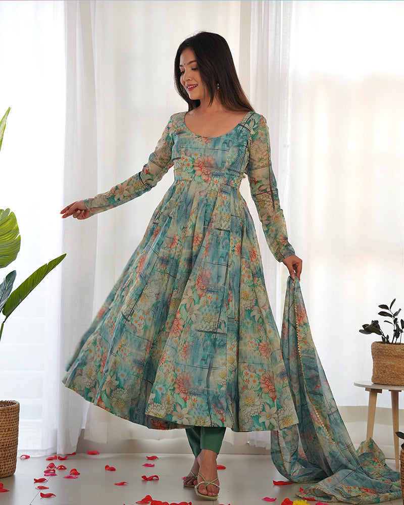 Bottle Green Color Floral Print Organza Three Piece Anarkali Suit  - By Qivii