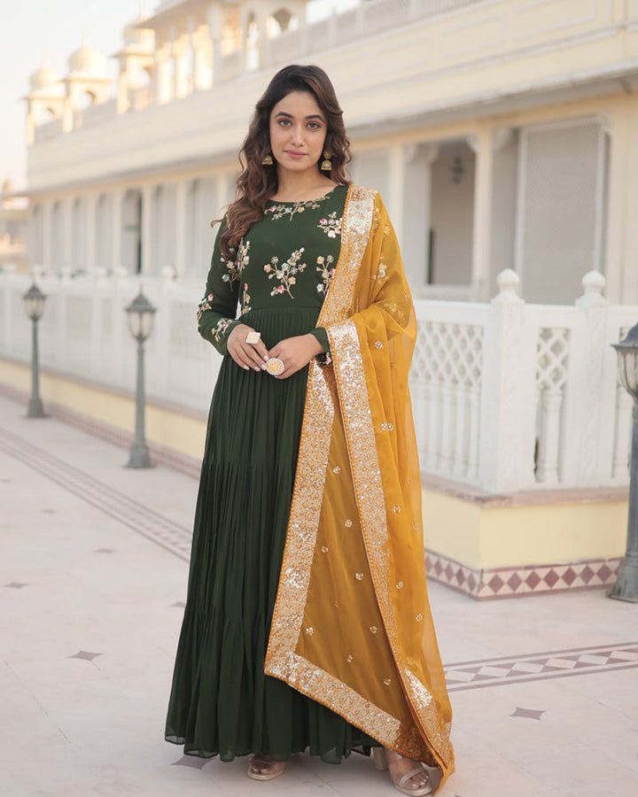 Mehndi Color Three layer Georgette Gown With Russian Silk Dupatta  - By Qivii