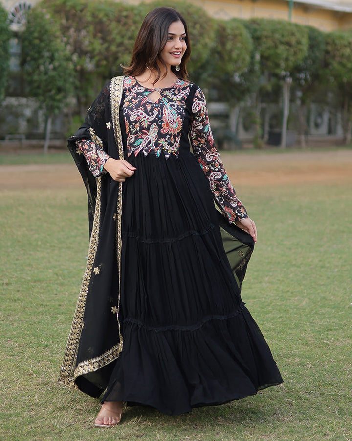 Black Color Frill Georgette Gown With Dupatta  - By Qivii