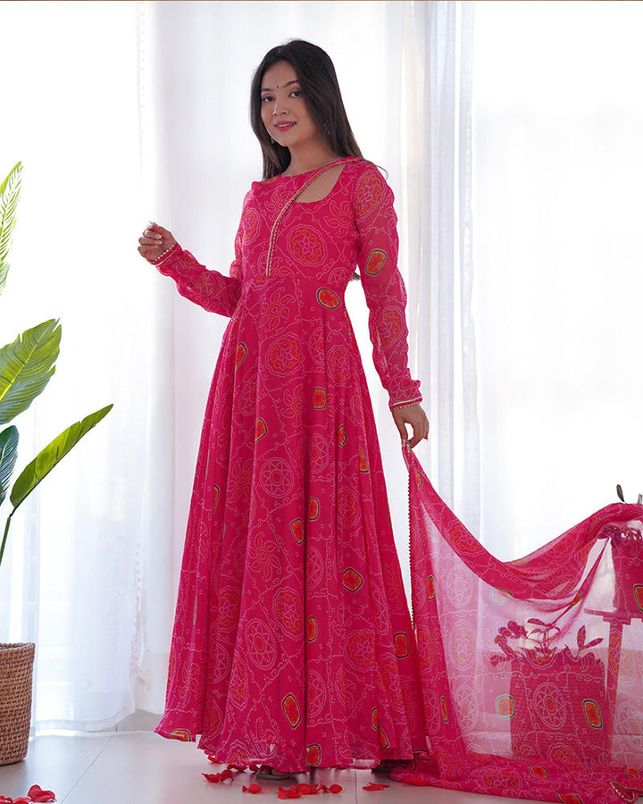 Pink Color Bandhej  Print Soft Chiffon Stylish Neck Three Piece Anarkali Gown  - By Qivii