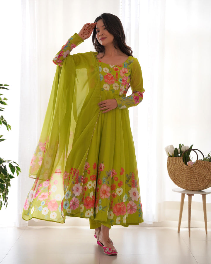 Neon Color Floral Print Organza Three Piece Anarkali Suit  - By Qivii