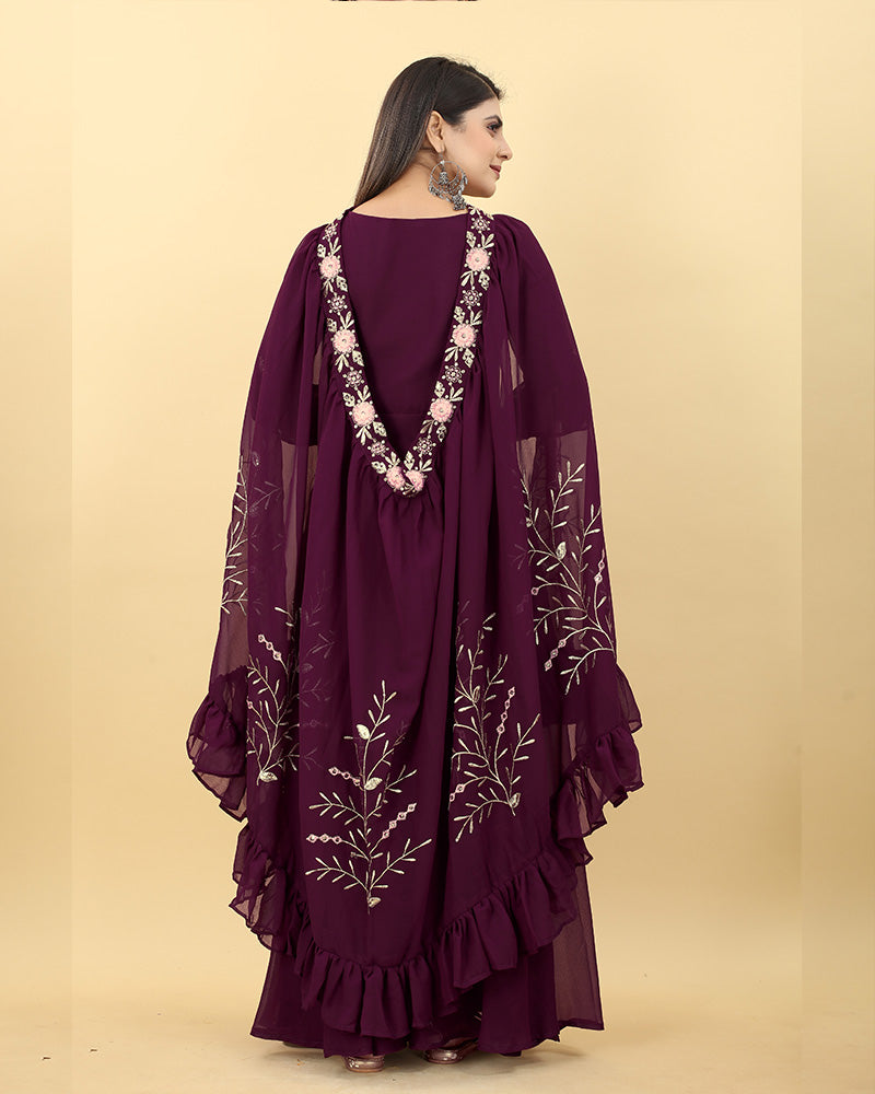 Wine Color Georgette Embroidered Anarkali Gown  - By Qivii