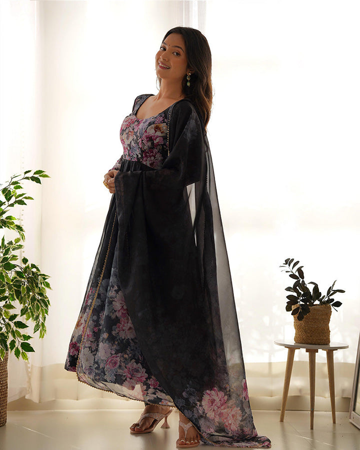 Black Color Floral Print Organza Three Piece Anarkali Suit  - By Qivii