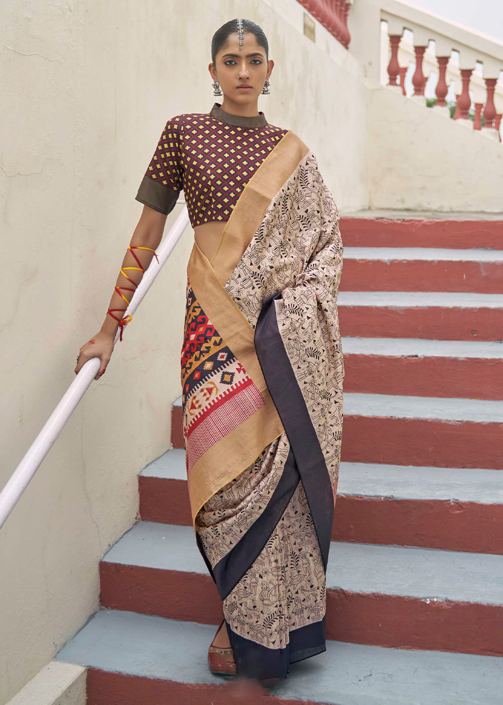 Antique White Printed Designer Silk Saree