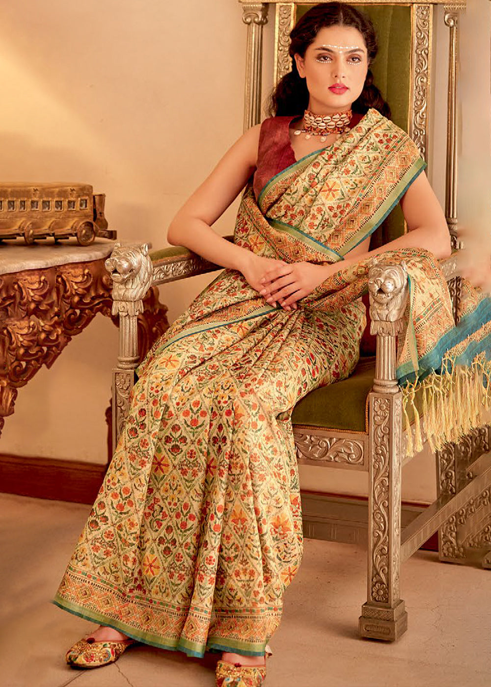 Linen White Designer Printed Silk Saree - qivii