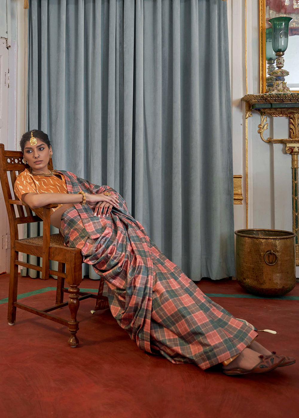 Blue & Orange Printed Silk Saree