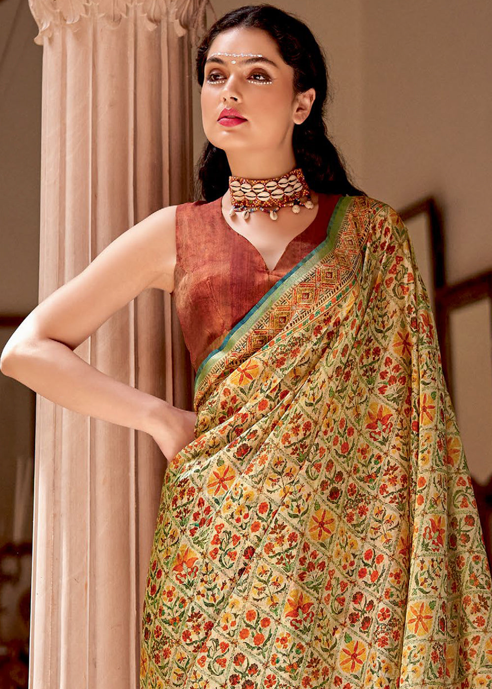 Linen White Designer Printed Silk Saree - qivii