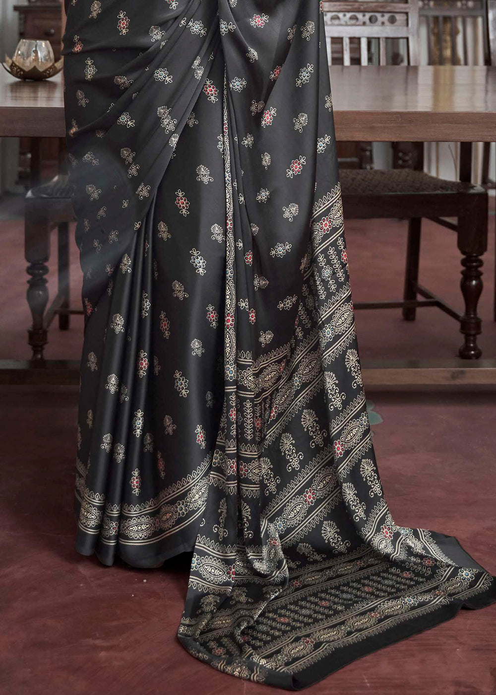 Midnight Black Gajji Silk Saree with Embroidery Blouse