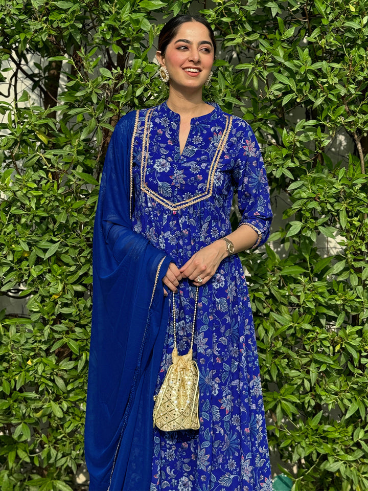 Blue Georgette Floral Kurta Palazzo Set  - By Janasya