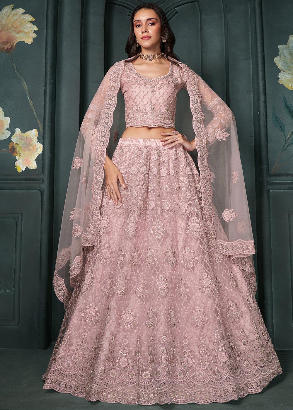 Blush Pink Net Lehenga Choli Beautifully Embroidered with Thread, Badla work & all Over Embellishments Stone work