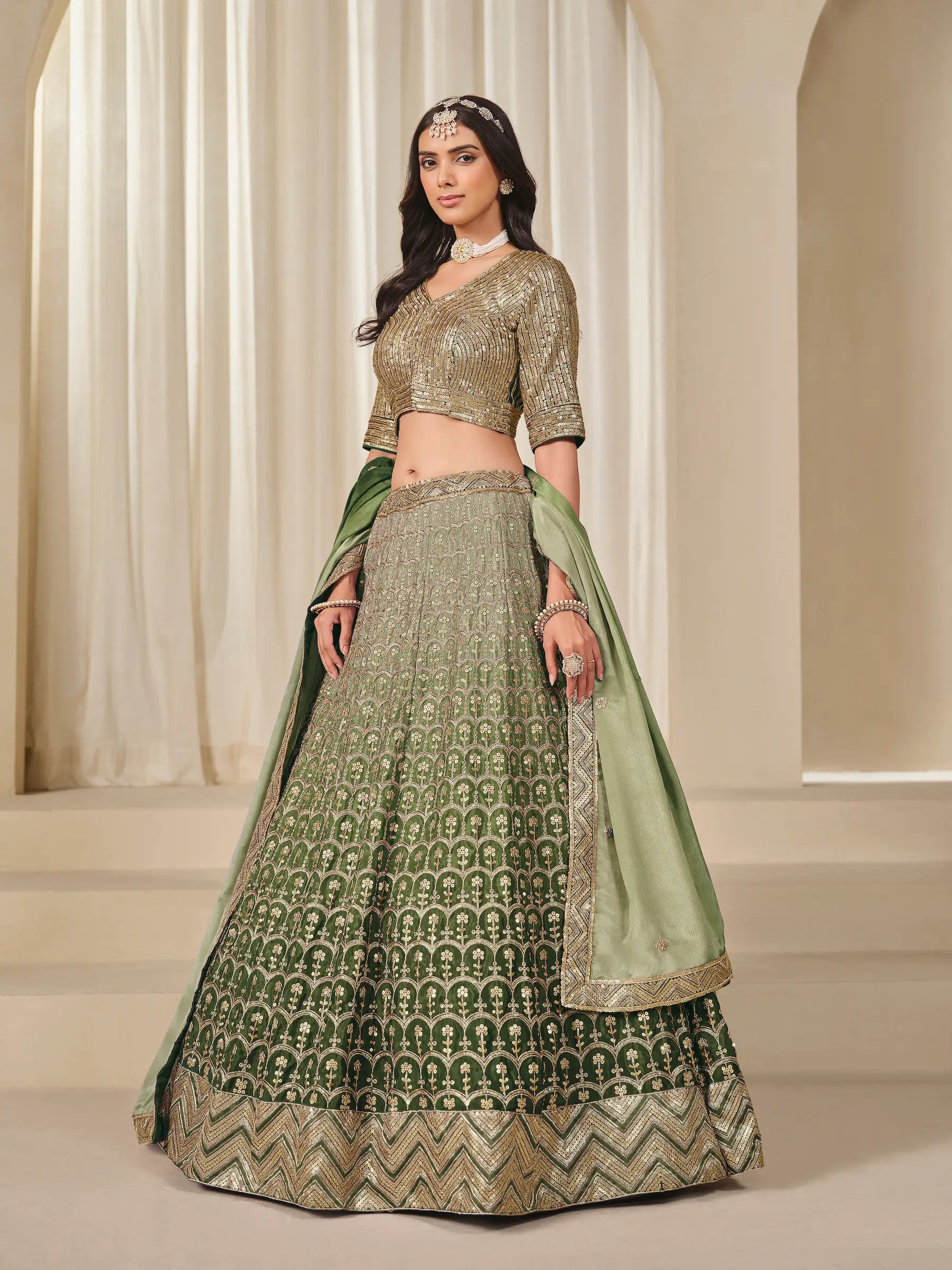 Shaded Green Chinon Silk Embroidery Work Lehenga Choli - qivii