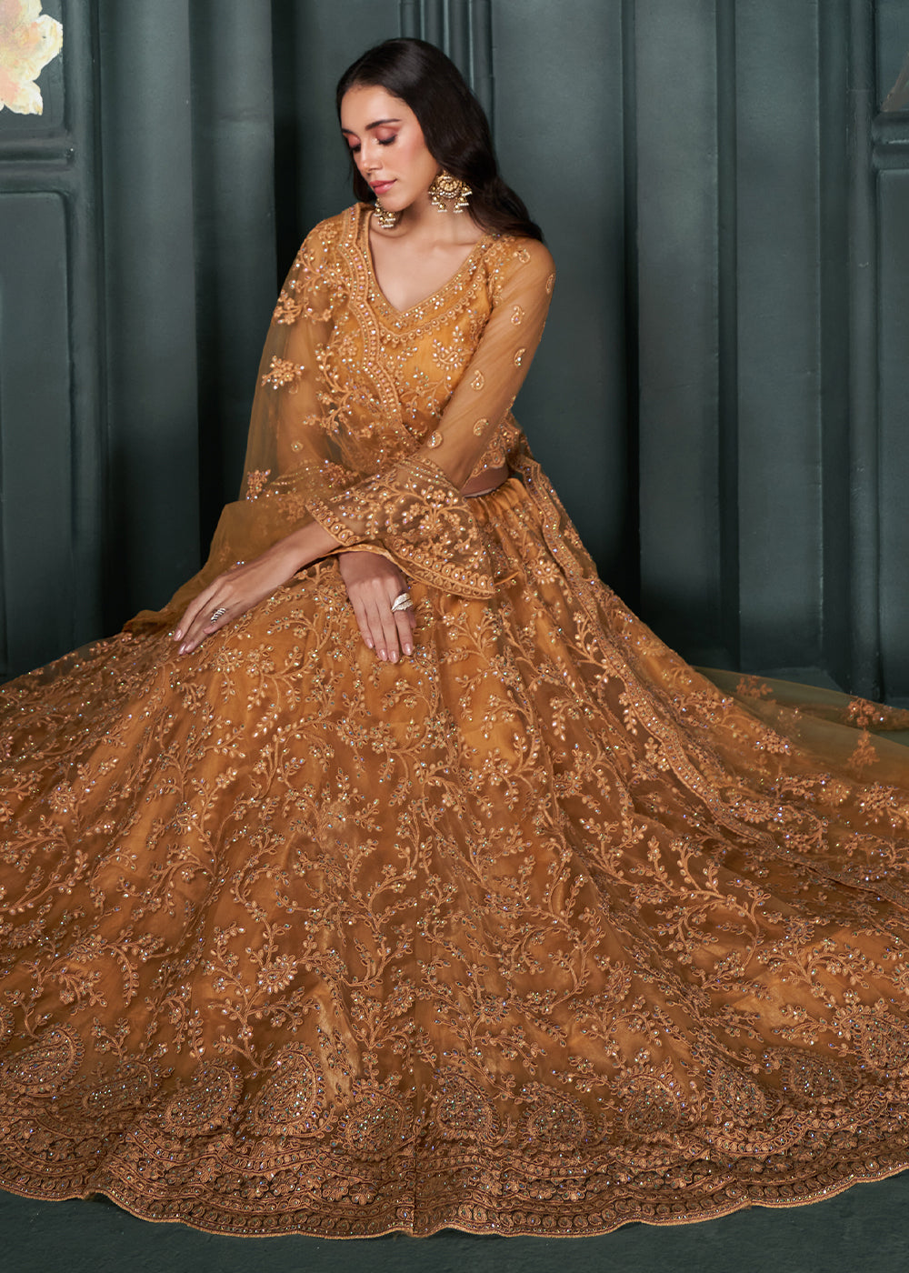 Copper Brown Net Lehenga Choli Beautifully Embroidered with Thread, Badla work & all Over Embellishments Stone work | Ready To Wear - qivii