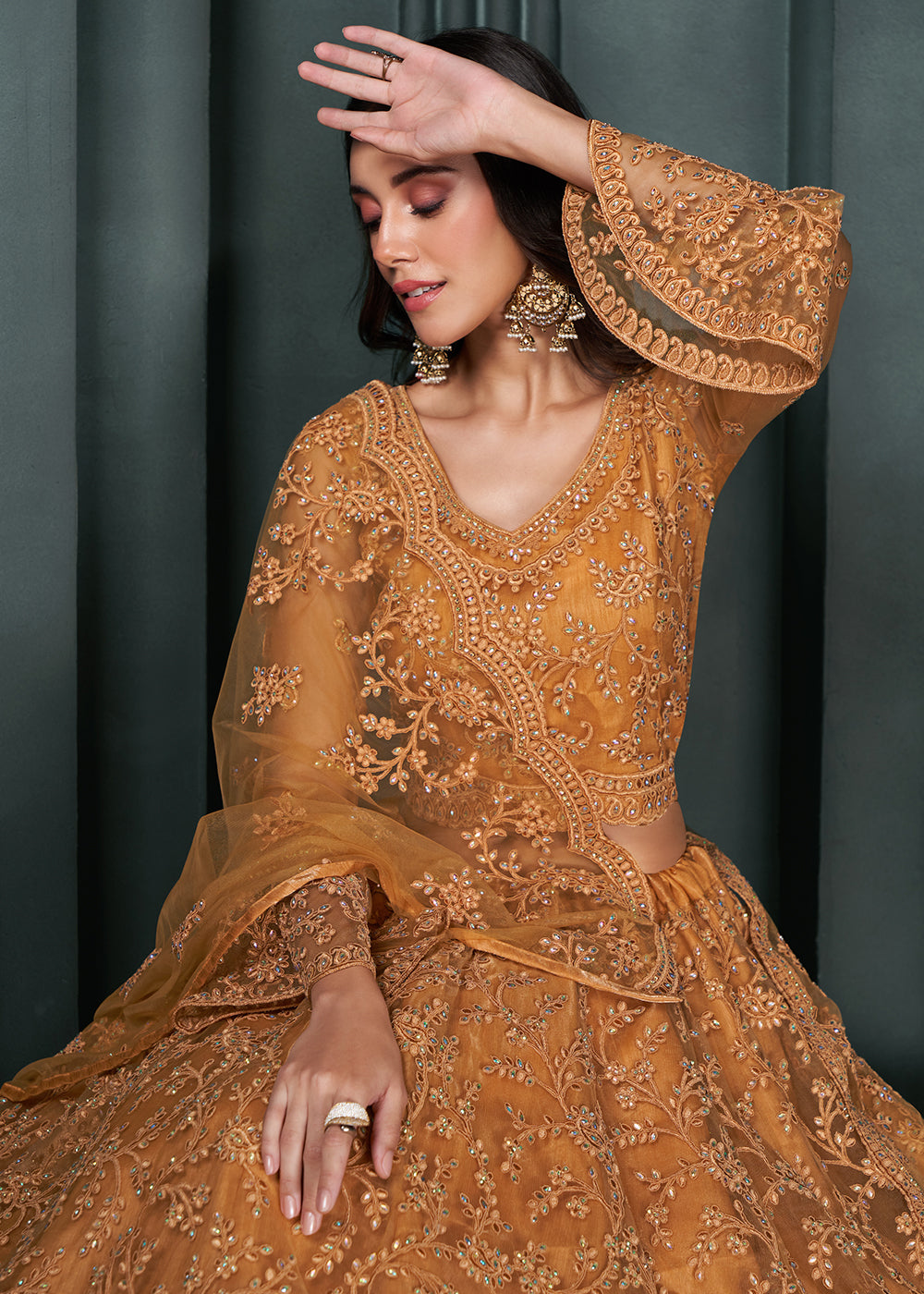 Copper Brown Net Lehenga Choli Beautifully Embroidered with Thread, Badla work & all Over Embellishments Stone work | Ready To Wear - qivii