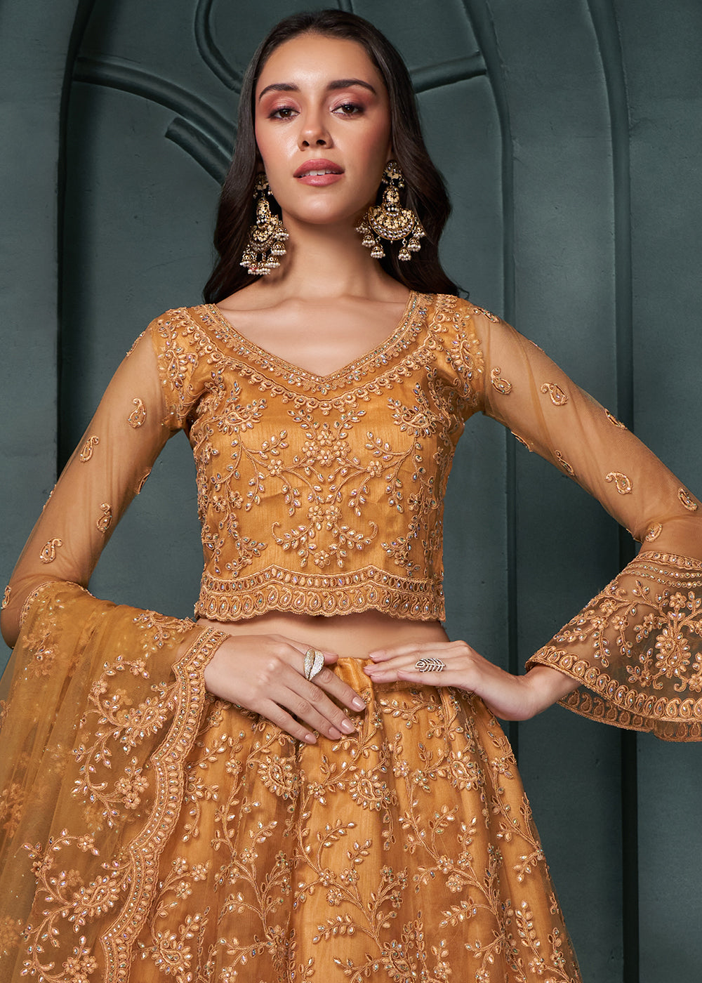 Copper Brown Net Lehenga Choli Beautifully Embroidered with Thread, Badla work & all Over Embellishments Stone work