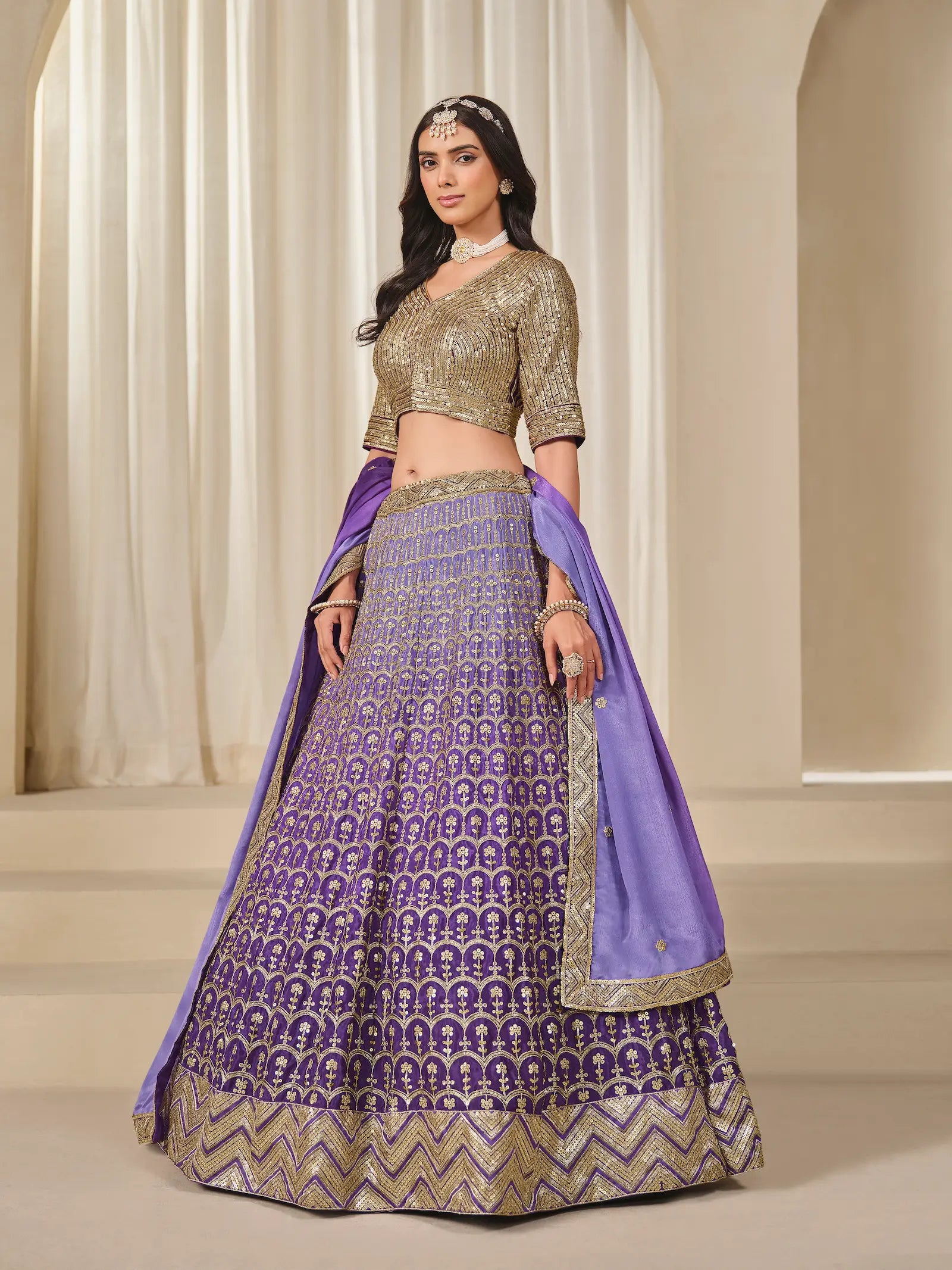Shaded Purple Chinon Silk Embroidery Work Lehenga Choli - qivii
