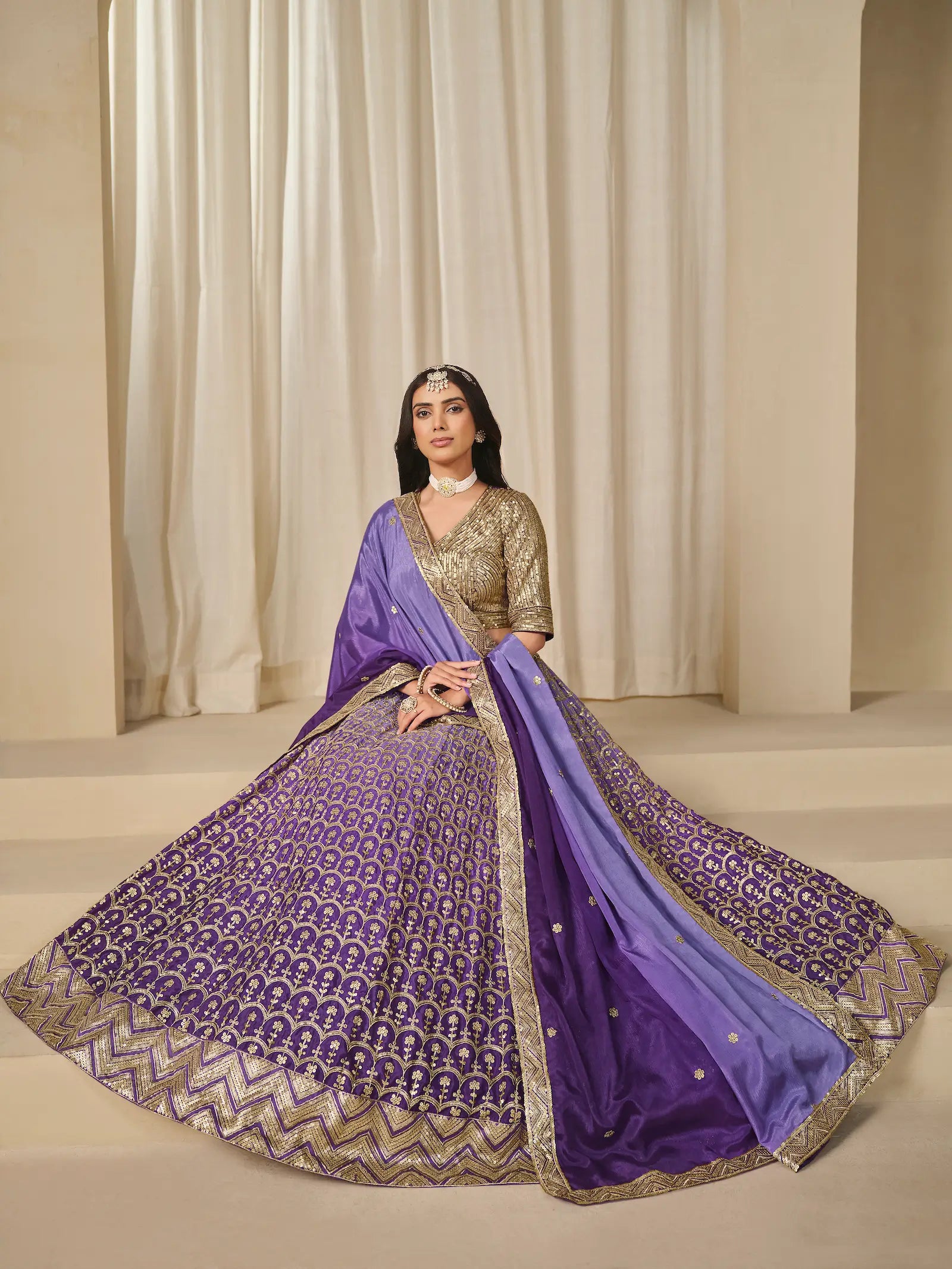 Shaded Purple Chinon Silk Embroidery Work Lehenga Choli - qivii