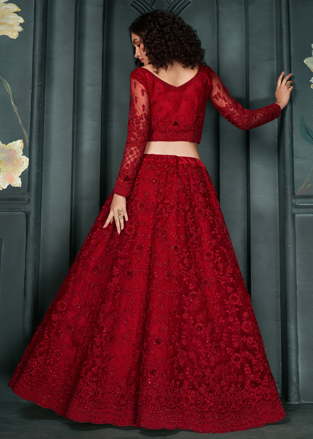 Dark Crimson Red Net Lehenga Choli Beautifully Embroidered with Thread, Badla work & all Over Embellishments Stone work | Ready To Wear - qivii
