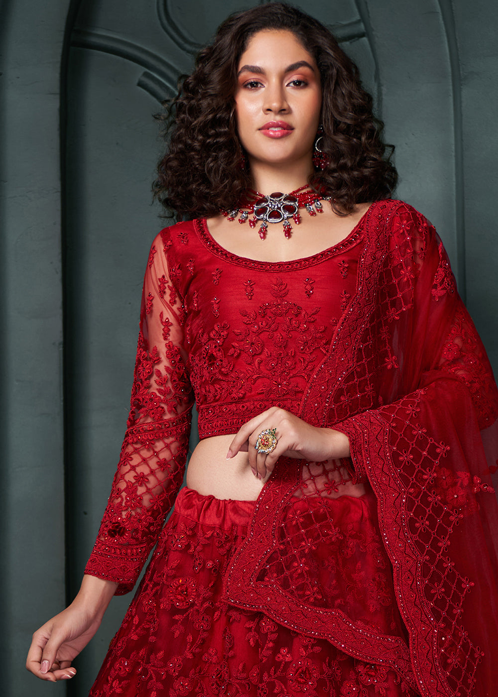 Dark Crimson Red Net Lehenga Choli Beautifully Embroidered with Thread, Badla work & all Over Embellishments Stone work