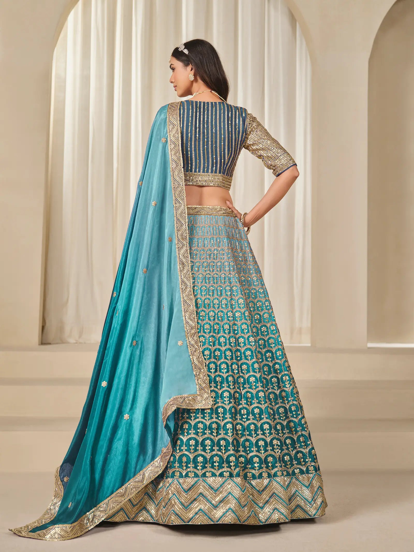 Shaded Blue Chinon Silk Embroidery Work Lehenga Choli - qivii