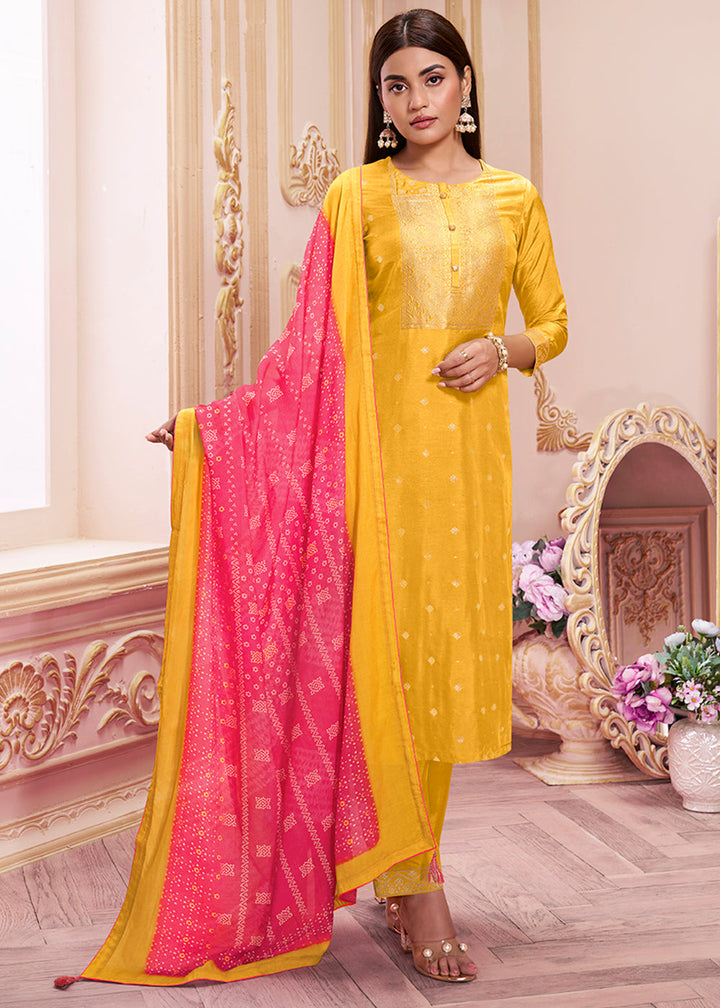 Mustard Yellow Dola Silk Kurta with Santoon Trouser and Muslin Digital Printed Dupatta