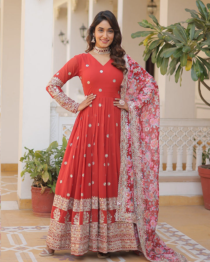 Red Color Faux Georgette Designer Gown With Dupatta  - By Qivii