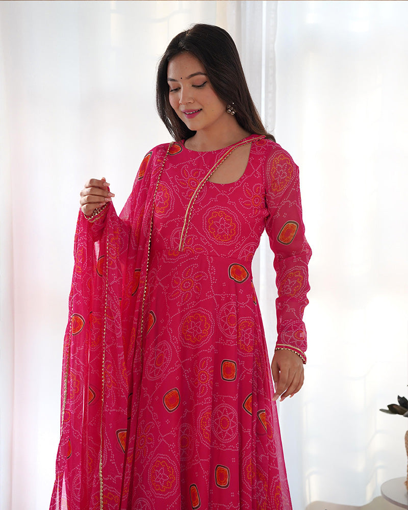 Pink Color Bandhej  Print Soft Chiffon Stylish Neck Three Piece Anarkali Gown  - By Qivii