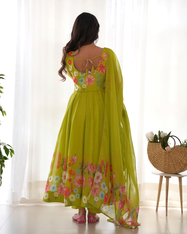 Neon Color Floral Print Organza Three Piece Anarkali Suit  - By Qivii