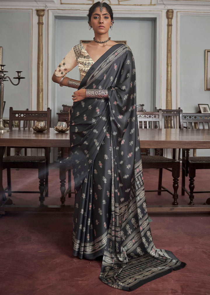 Midnight Black Gajji Silk Saree with Embroidery Blouse