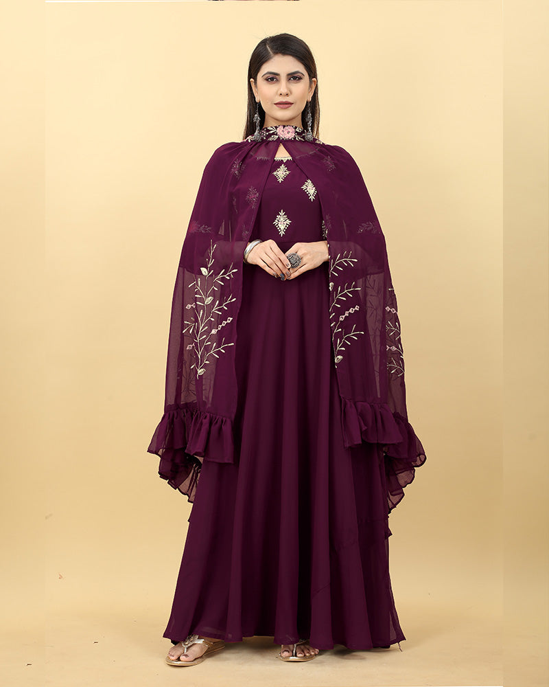 Wine Color Georgette Embroidered Anarkali Gown  - By Qivii