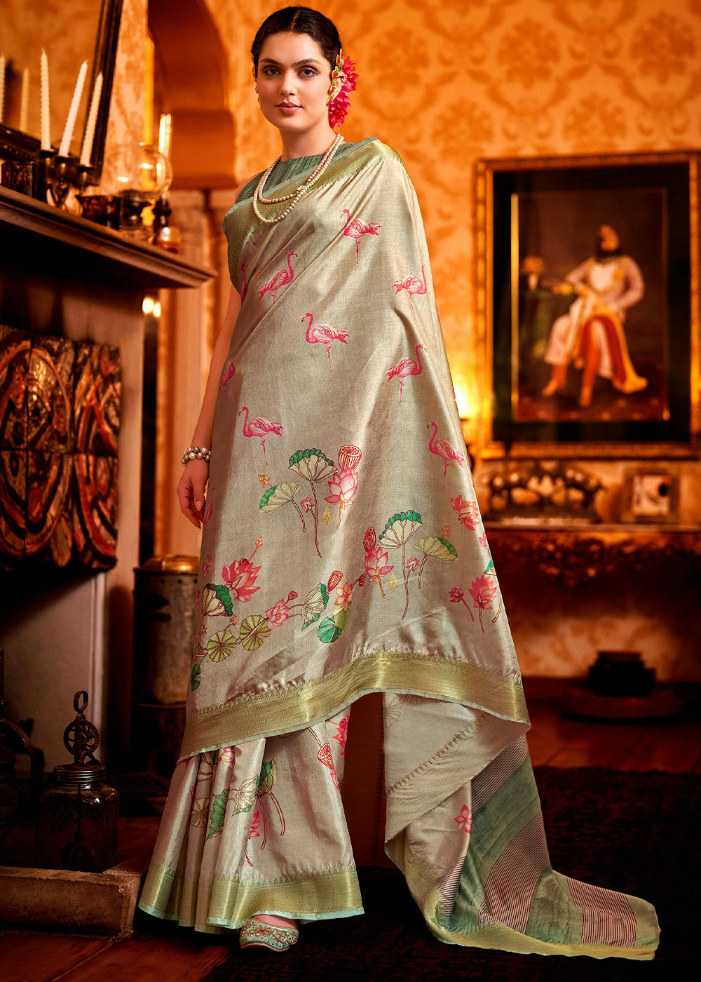 Brownish Grey Floral Printed Manipuri Silk Saree - qivii