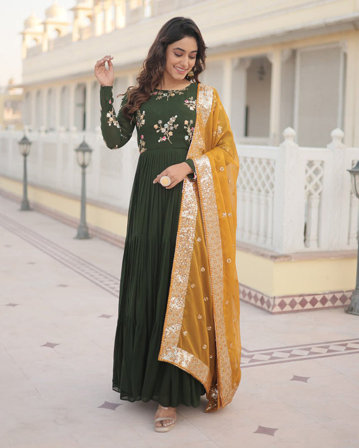 Mehndi Color Three layer Georgette Gown With Russian Silk Dupatta  - By Qivii