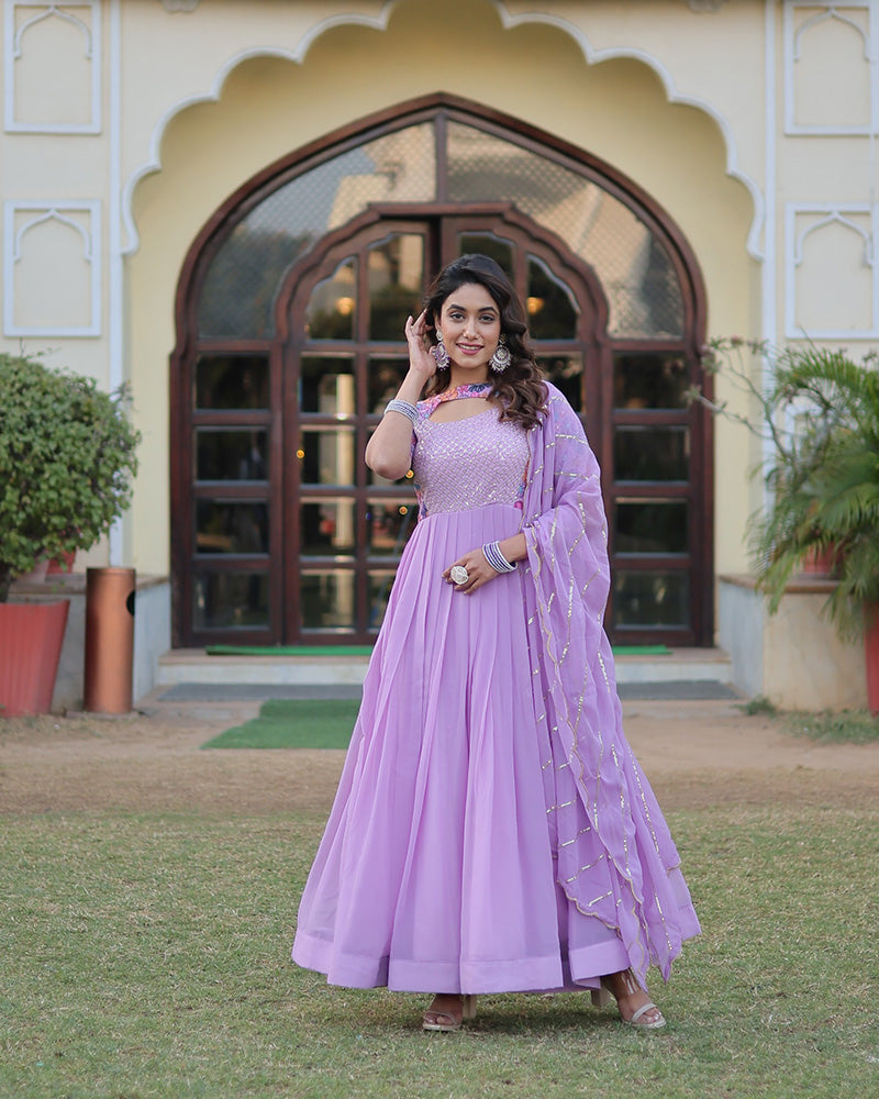 Lavender Color With Fancy Neck Faux Georgette Designer Anarkali Suit  - By Qivii