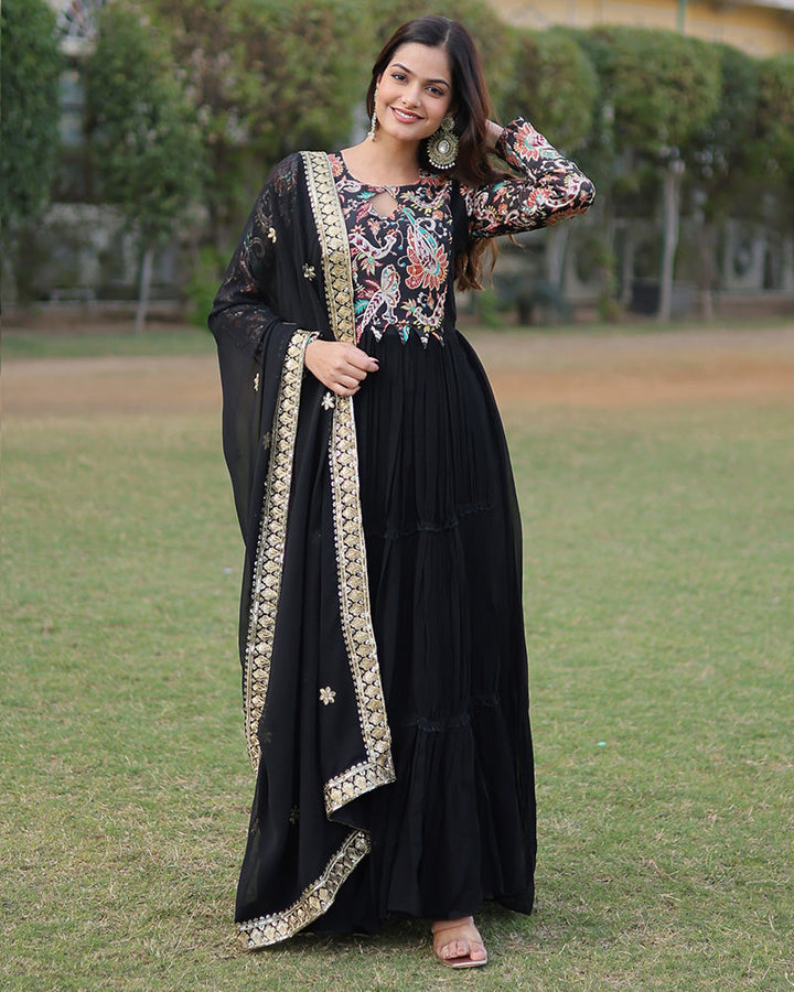 Black Color Frill Georgette Gown With Dupatta  - By Qivii