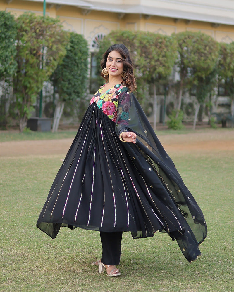 Designer Black Color Alia Cut Anarkali With Dupatta  - By Qivii