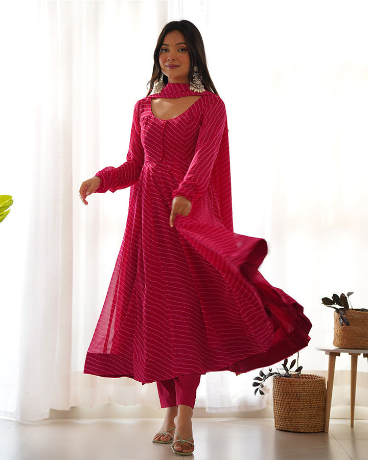 Rani Pink Color Laheriya Print Georgette Three Piece Anarkali Suit  - By Qivii