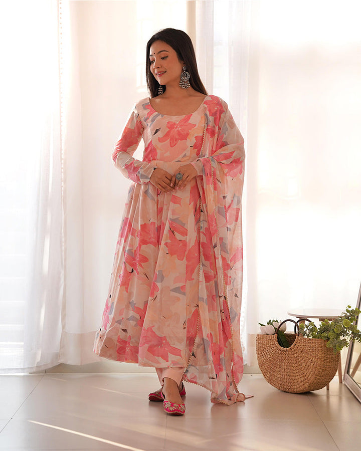 Beautiful Baby Pink Multi Color Georgette Three Piece Anarkali Suit  - By Qivii