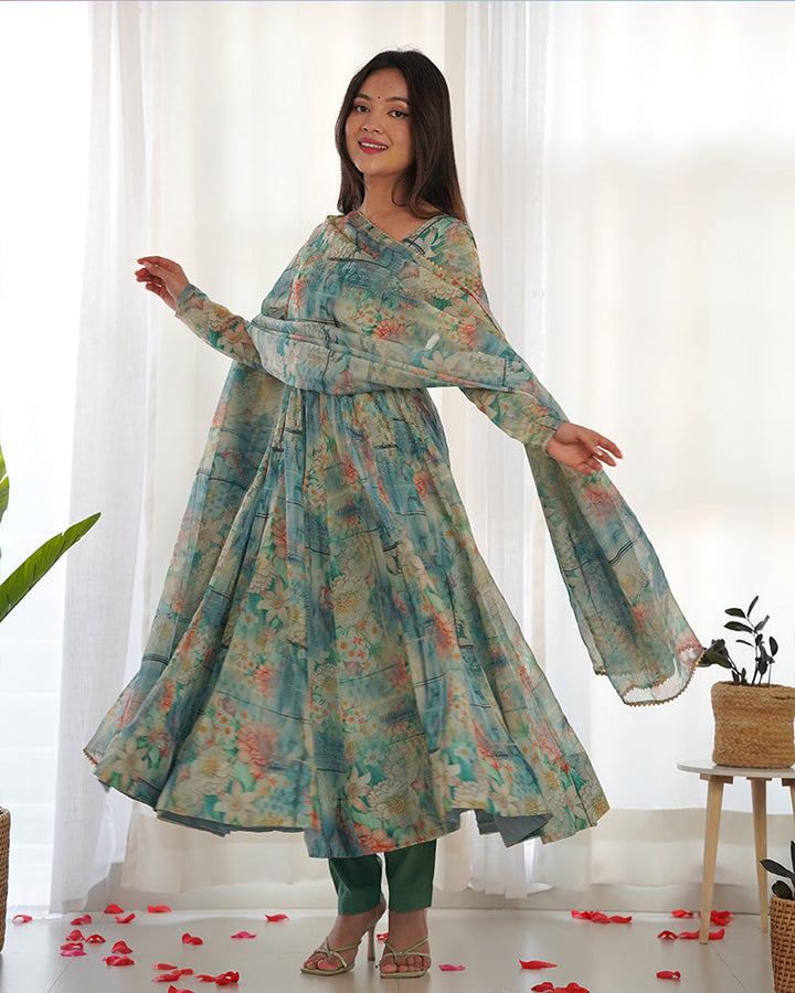 Bottle Green Color Floral Print Organza Three Piece Anarkali Suit  - By Qivii