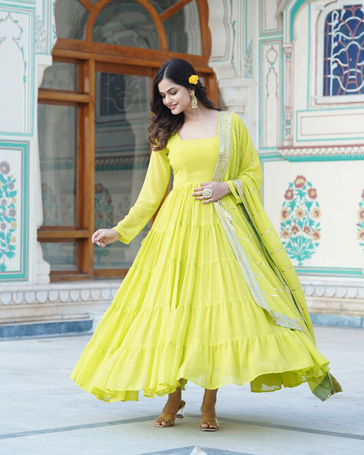 Parrot Color Five layer Georgette Anarkali Gown With Dupatta  - By Qivii