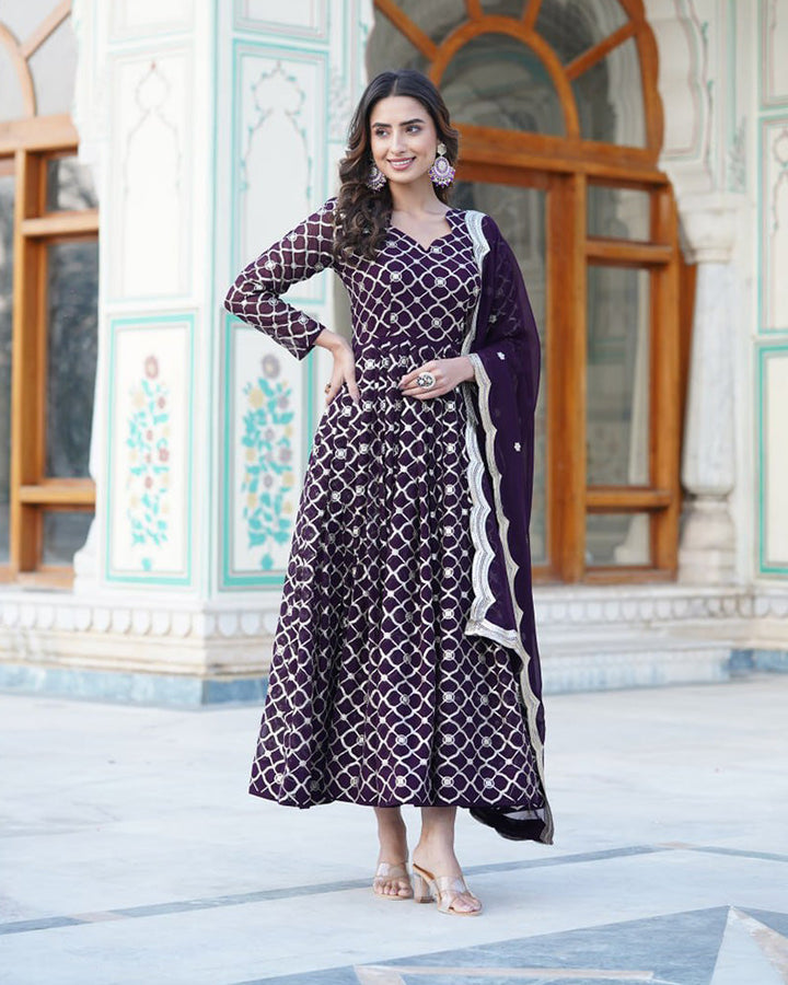 Designer Embroidery Work Wine Color Anarkali Gown With Dupatta  - By Qivii