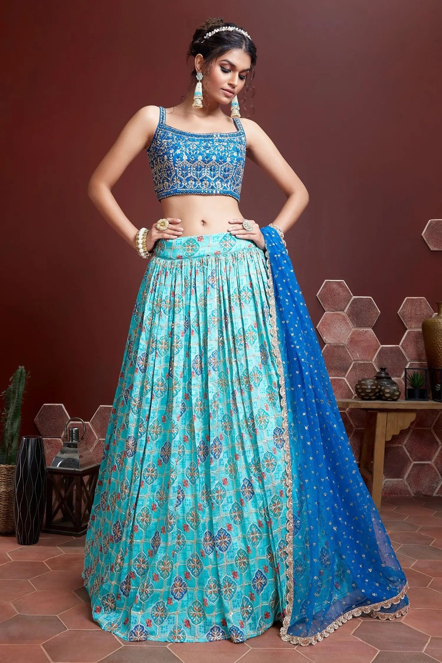 Light Sky Blue Lehenga With Digital Position Print And Heavy Embroidery With Real Mirror Work