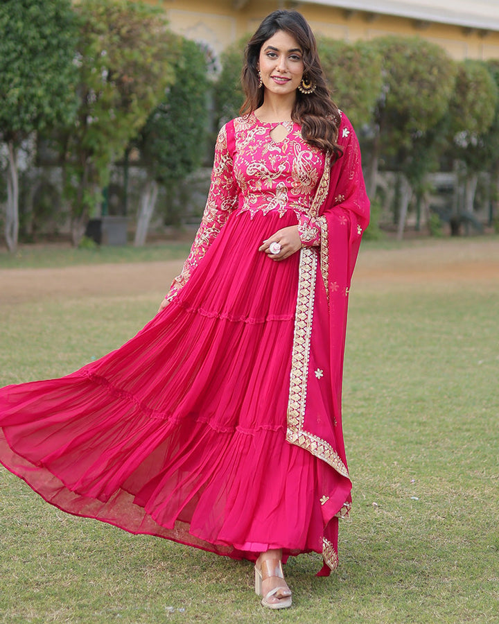 Rani Pink Color Frill Georgette Gown With Dupatta  - By Qivii