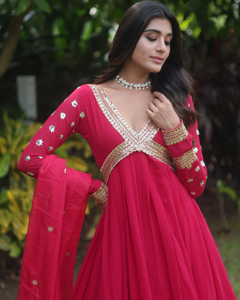 Wedding Wear Embroidered Rani Pink Color Alia Cut Gown With Dupatta  - By Qivii