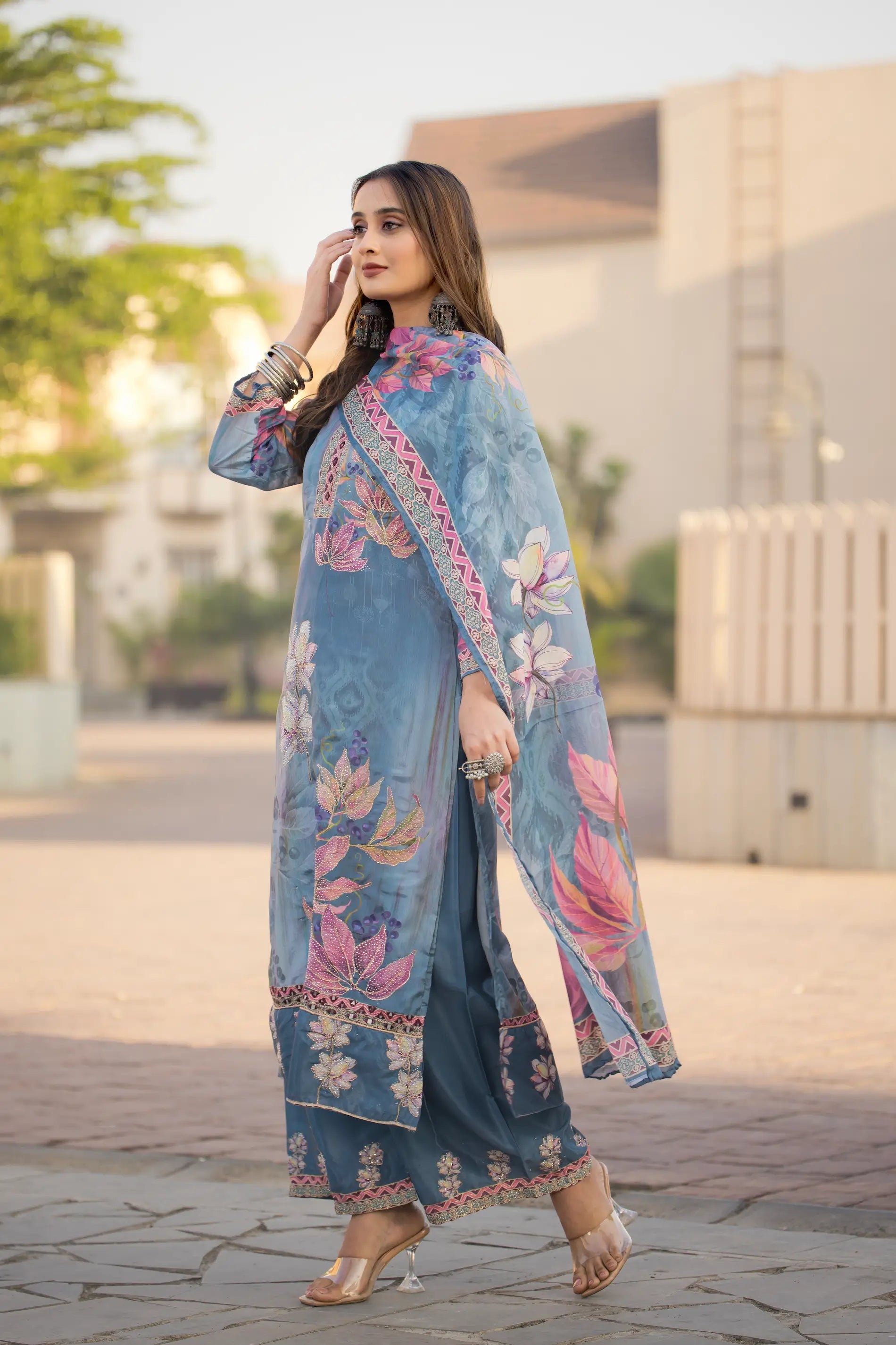 Sky Blue Chinon Handwork & Printed Salwar Suit - qivii