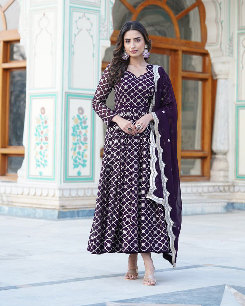 Designer Embroidery Work Wine Color Anarkali Gown With Dupatta  - By Qivii