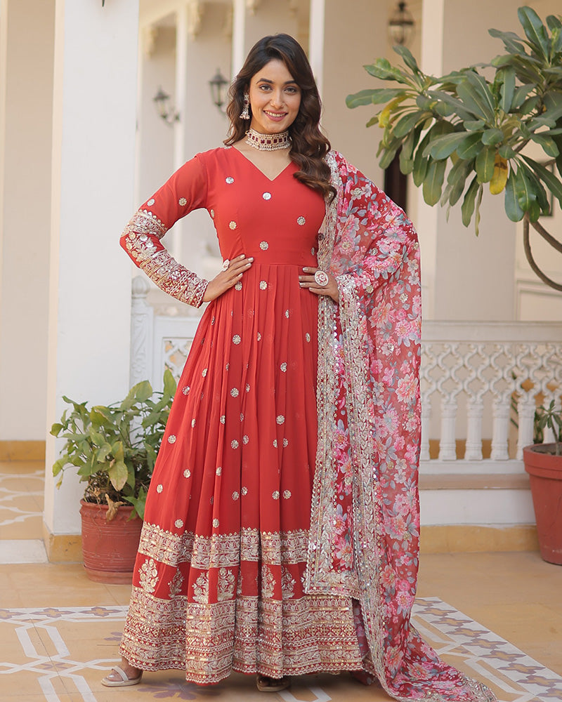 Red Color Faux Georgette Designer Gown With Dupatta  - By Qivii