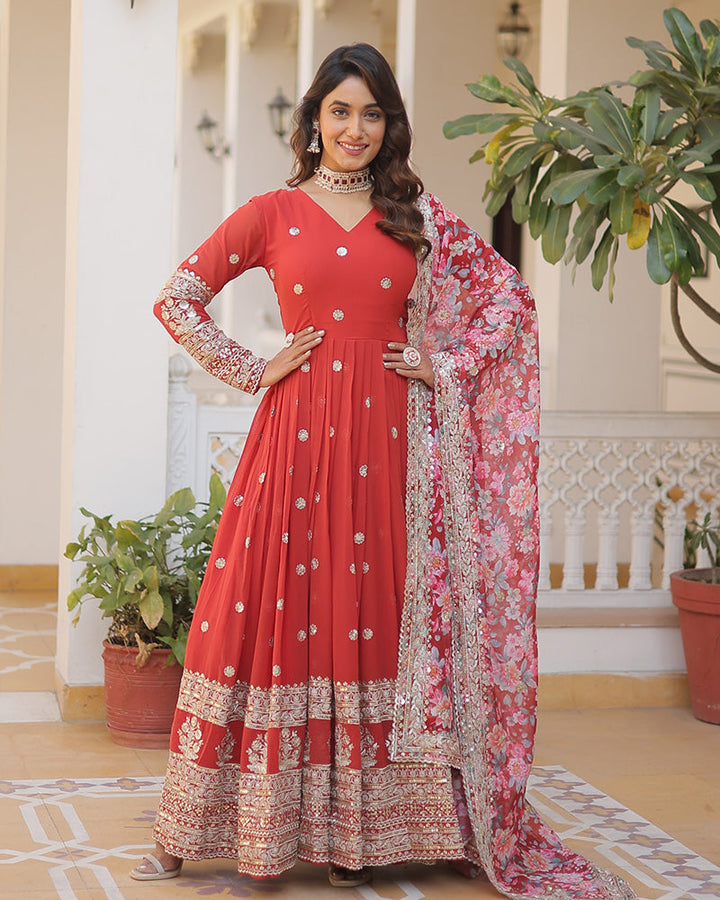 Red Color Faux Georgette Designer Gown With Dupatta  - By Qivii