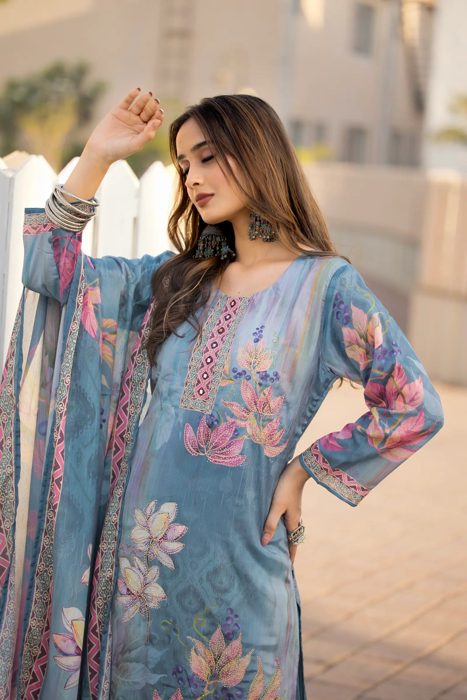 Sky Blue Chinon Handwork & Printed Salwar Suit - qivii